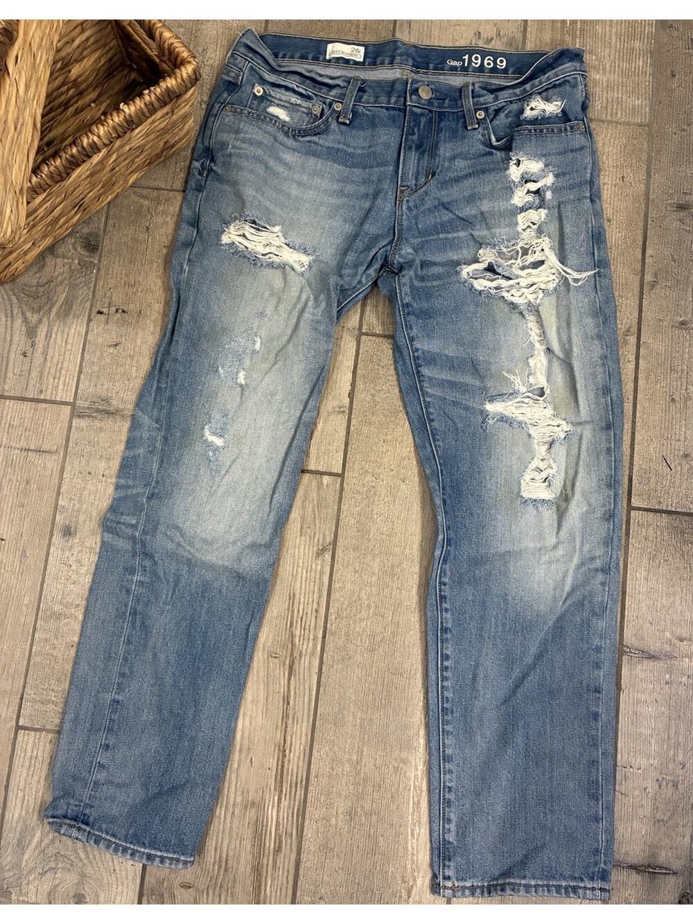 GAP 1969 Sexy Boyfriend Distressed Jeans Size 28R Shredded Blue Denim